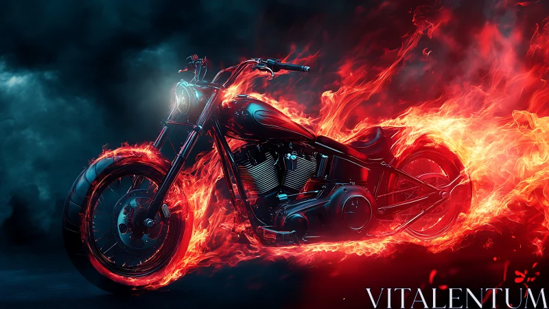 Inferno street chopper roaring through storm-dark firestorm.