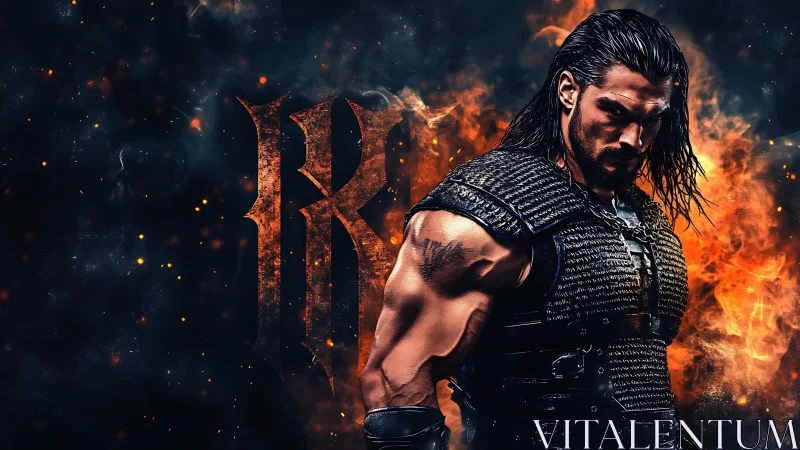 Armored warrior stands amid swirling fire and embers.