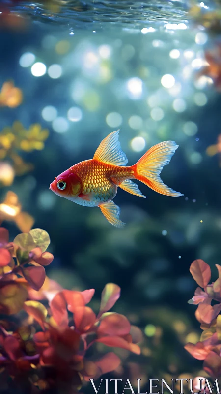 Tiny goldfish drifts through a bokeh-lit underwater dreamscape