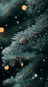Snowy spruce needles cradle a single winterlit pinecone