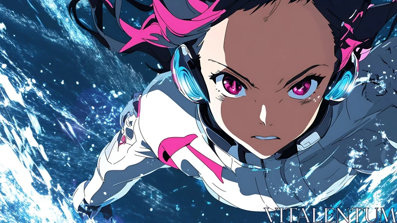 Cyber athlete dives through electric water in high focus