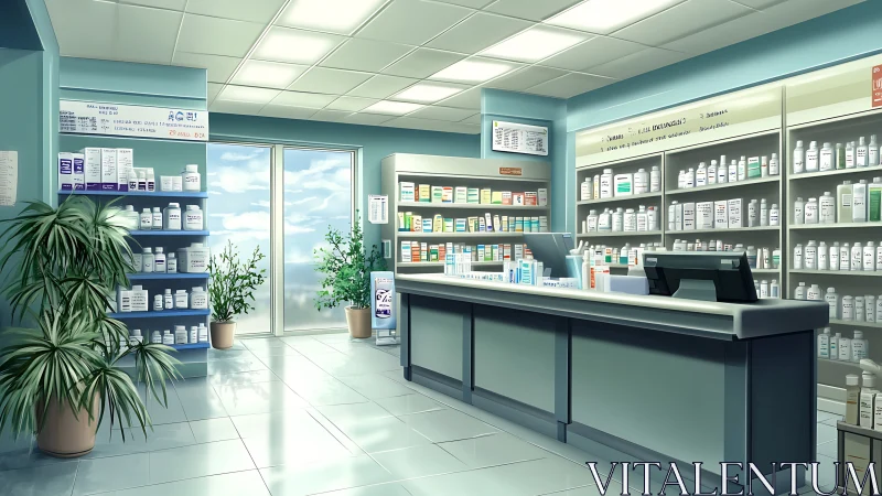 Interior pharmacy counter shows stocked shelves and bright light