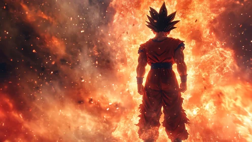Fiery anime warrior silhouetted within erupting inferno.