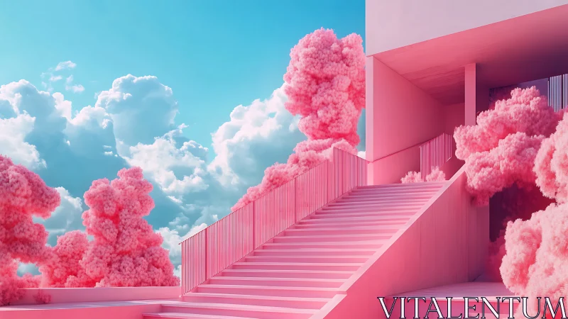 Pink exterior staircase cuts through fluffy sculpted foliage