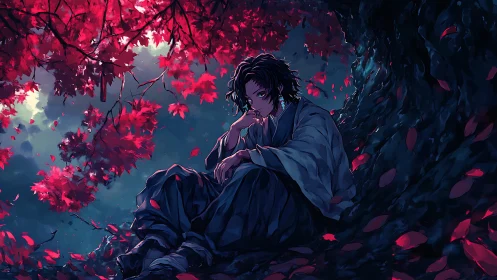 Melancholic samurai rests beneath glowing crimson maple canopy