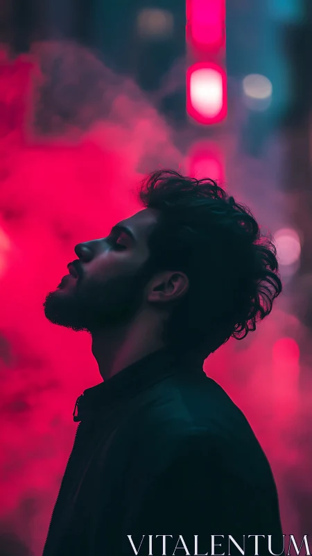 Side profile portrait shows subject in neon backlit haze