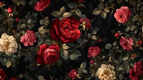 Garden Elegance: Dark Floral Romance in Red and Cream Blooms
