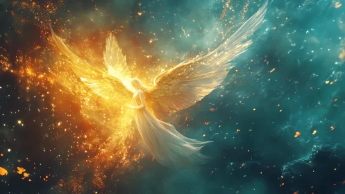 Luminous celestial angel emerging through blazing starlight.