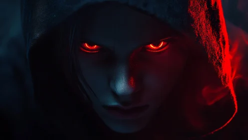 Hooded face with glowing red eyes rendered in low key lighting
