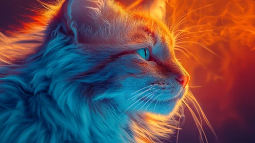 Neon Felid: Cat Portrait in Electric Blue and Fire.