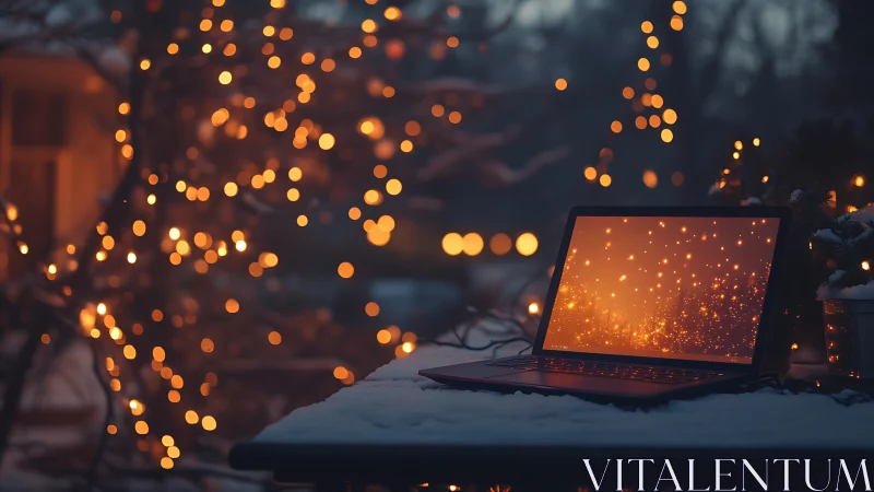Laptop on snowy outdoor table with blurred string lights.