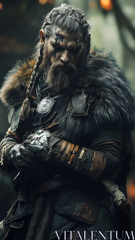 Battle-scarred viking warrior in fur and leather armor.