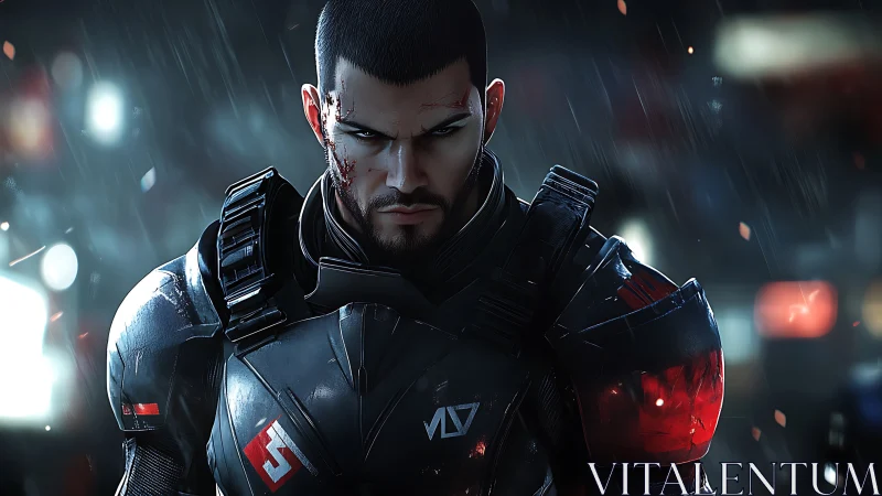 Storm-lit space warrior holds steady in the neon downpour.