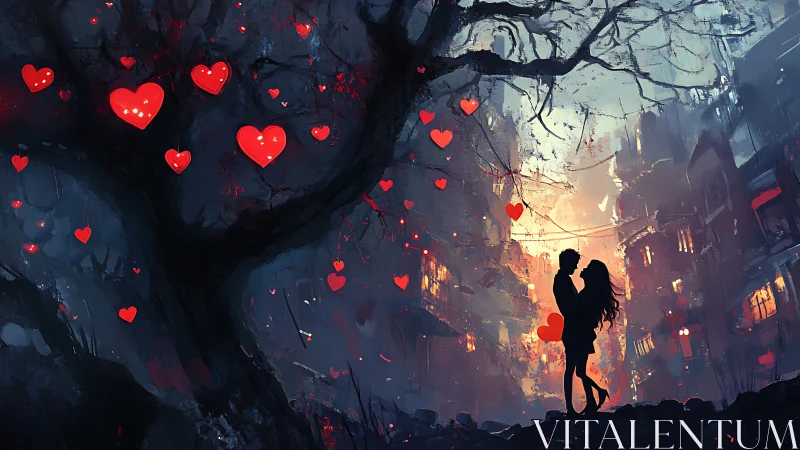 Lovers silhouetted beneath floating hearts in a glowing cityscape.