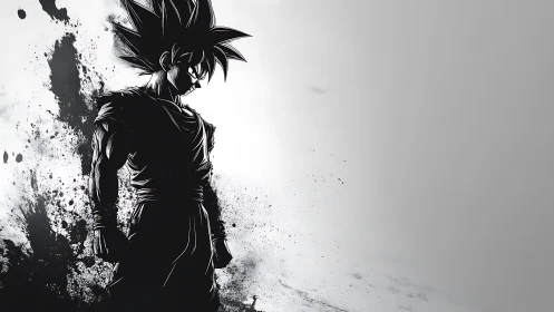 Monochrome anime warrior rendered in splatter-ink silhouette.