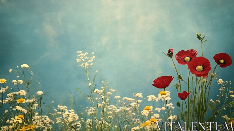 Red Poppies and Yellow Daisies Against Turquoise Sky Field