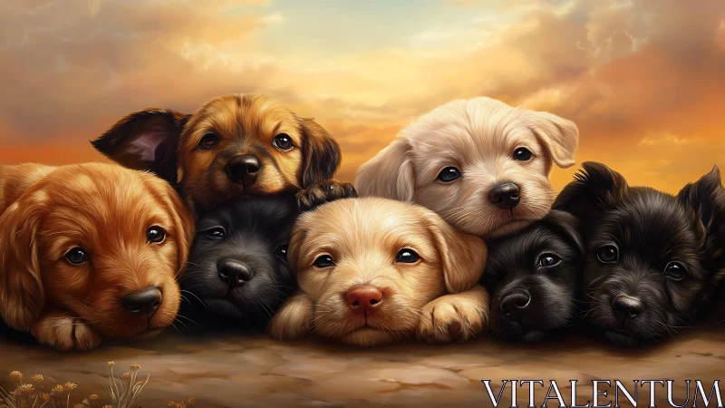 Warm sunset cuddles as a row of puppies rests together