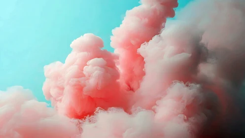 Soft pink smoke clouds rising against bright cyan sky.