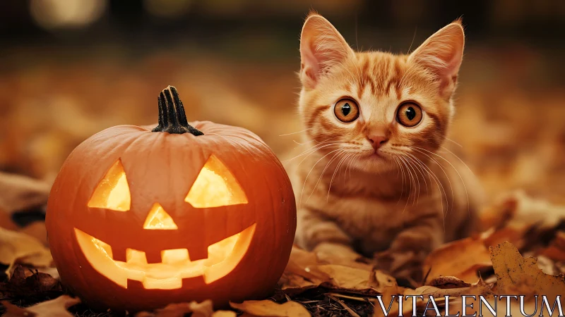 Orange tabby cat sits beside illuminated jack-o-lantern pumpkin