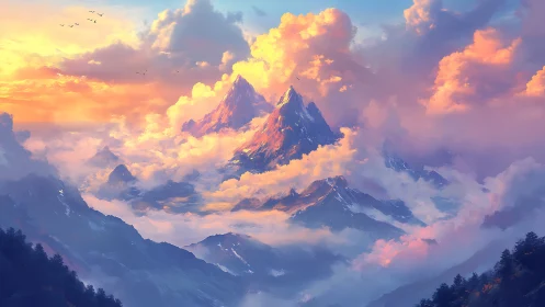 Sunlit mountain peaks rise through dense glowing cloud layers