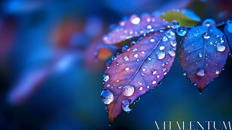 Rain-kissed purple leaves glowing in soft twilight calm.