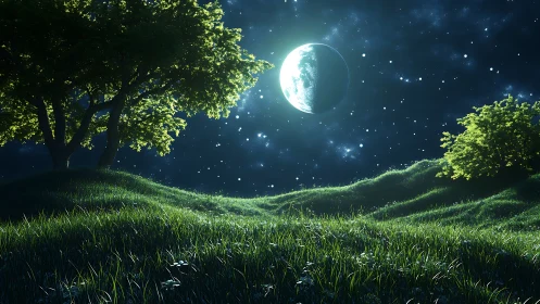 Moonlit alien meadow glows under dense starry sky