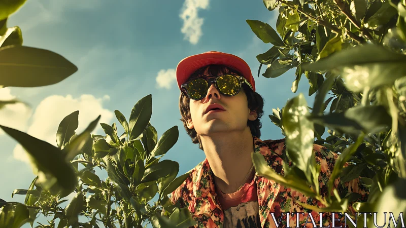 Young man in floral streetwear framed by sunlit foliage outdoors