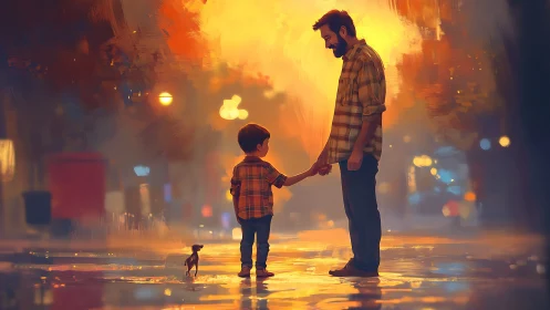 Backlit urban father and child in luminous rain street scene.