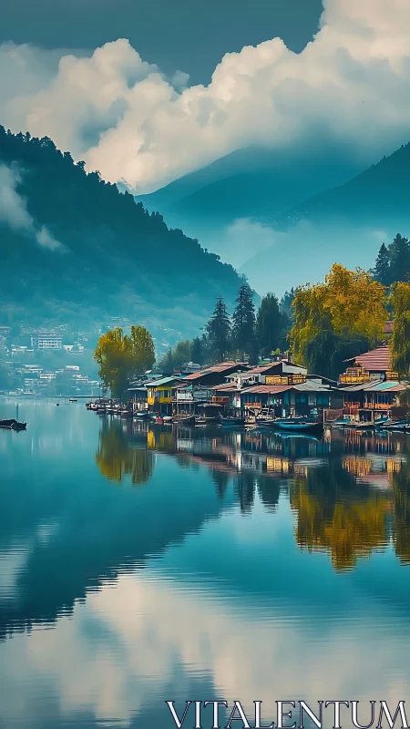 Lakeside village and misty mountains reflected on water.