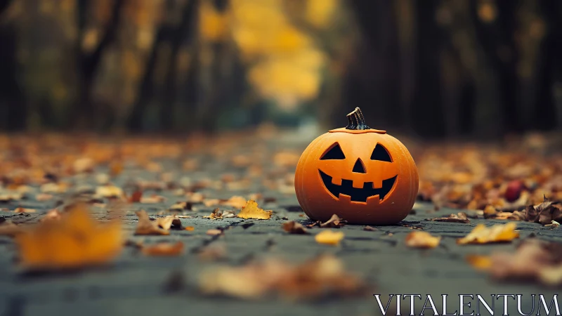 Carved pumpkin on leaf covered path in soft autumn light.
