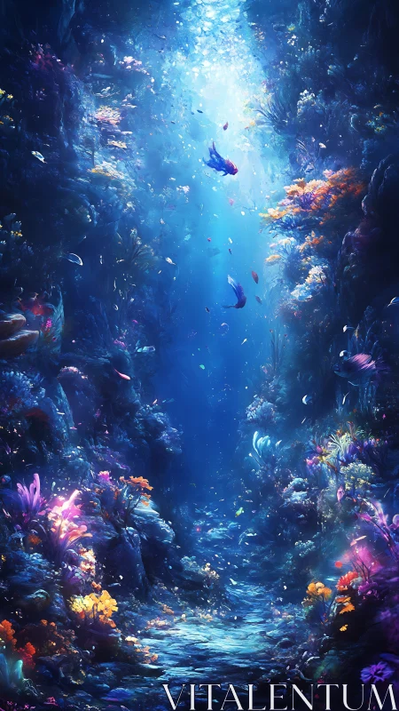 Luminescent reef canyon sinking into sapphire twilight.