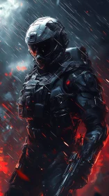 Armored future soldier standing in burning stormscape.