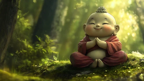 Smiling baby monk meditates peacefully in sunlit forest glade
