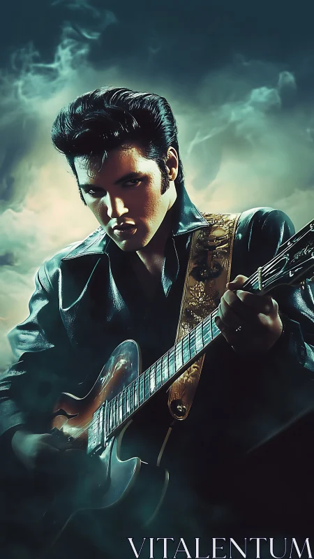 Digital painting of moody rock guitarist in smoky chiaroscuro.