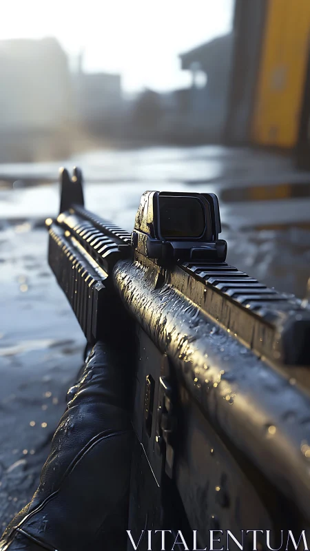 Rifle with optic sight is viewed in close, shallow focus
