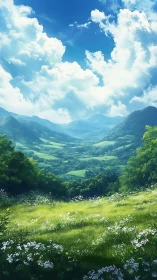 Sunlit alpine meadow overlooks layered green valleys.