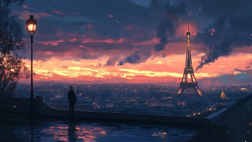 Twilight clouds sip neon from Paris as the tower glows