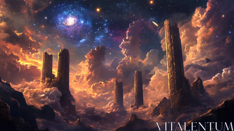 Celestial monoliths ascend through ember-lit cosmic clouds.