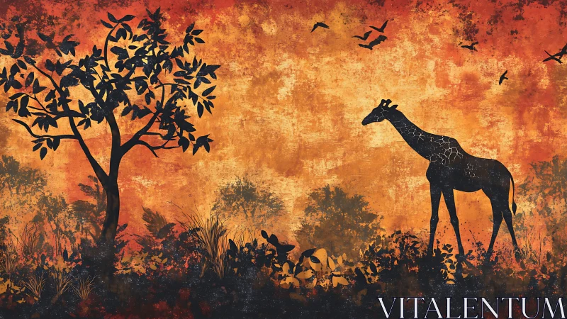 Silhouetted giraffe and tree against textured sunset field.