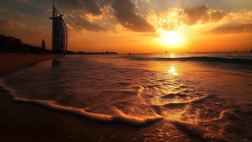 Sunlit surf whispers toward Dubai’s sail shaped skyline