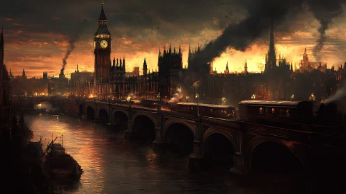 Industrial-era Westminster bridge with trains at dusk.