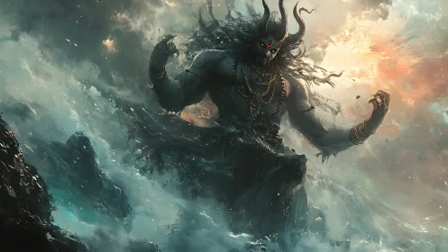 Colossal horned sea demon rises from storm-torn ocean