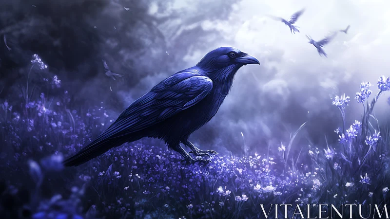 Deep Blue Raven in Purple Lavender Field with Luminescent Atmospheric Effects
