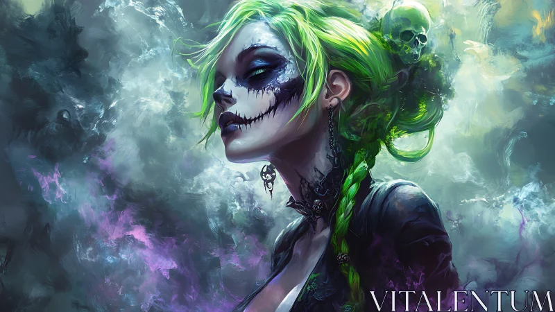 Necromancer woman with skull makeup in toxic green mist