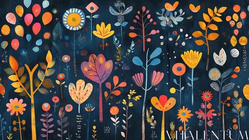 Botanical Garden Against Dark Canvas: Vibrant Flora Art.