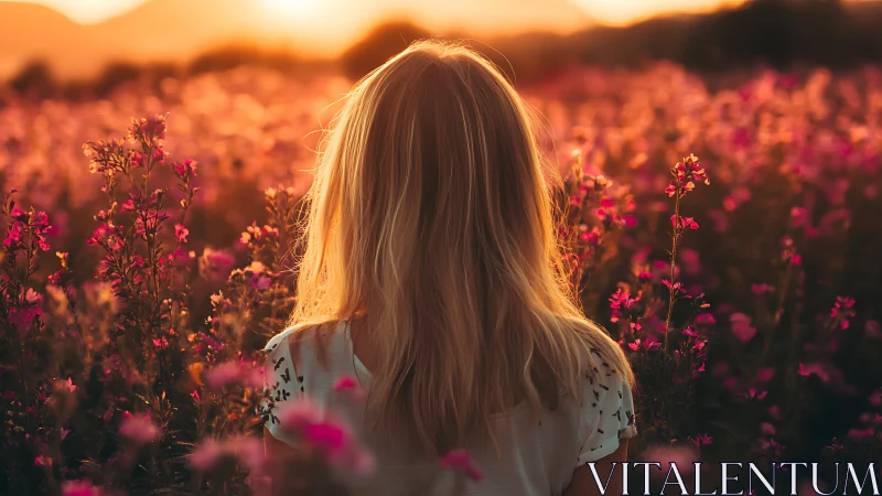 Girl stands in glowing wildflower field at golden sunset