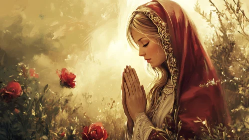 Devotional portrait of veiled woman in golden meadow.