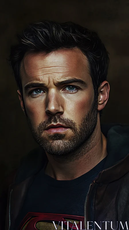 Brooding male portrait with intense gaze and hero emblem