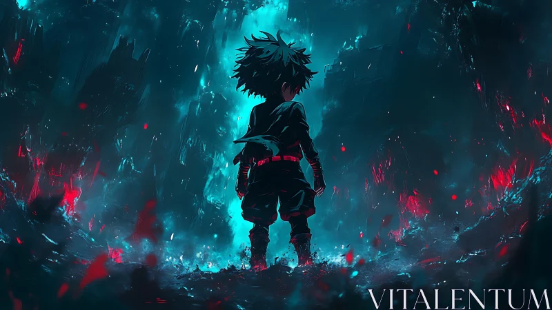 Lone young hero stands brave in a glowing storm of power