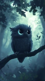 Small stylized owl sits on a branch in a dim forest